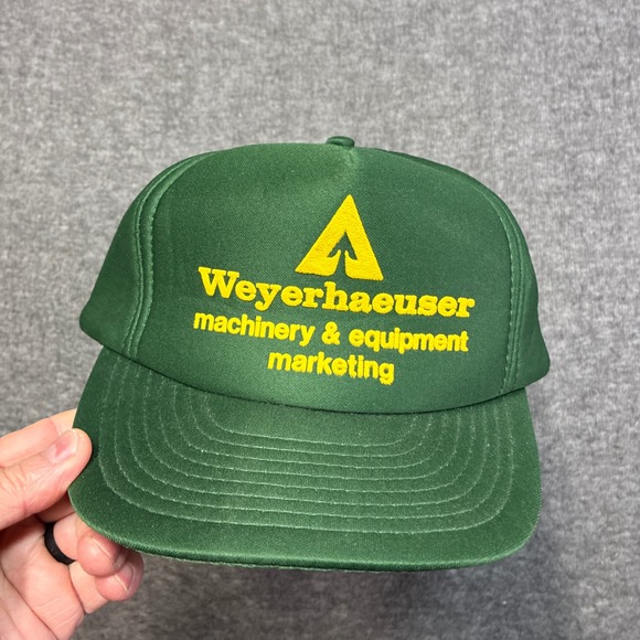 Vintage Weyerhaeuser Hat Foam‎ Mens OSFA Green Machinery Marketing Snapback 80s